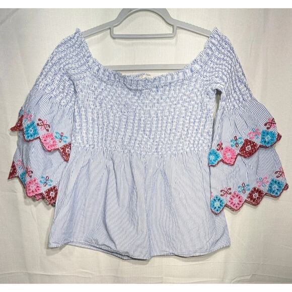 LOFT Tops - Loft Women's Off The Shoulder Blouse Sz S Embroidered Flare Sleeves Boho Smocked